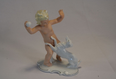 купить фарфор, статуэтка "Мальчик с собакой", статуэтка фарфоровая играющий путти, путти с собачкой, Валендорф, Шаубах Кунст (Wallendorf Schaubach Kunst), фарфор Германия