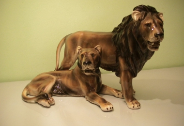 купить фарфоровую фигуру, фигура пара львов,  львы фарфор, лев керамика,  австрийская керамика (Austria Keramos Manufaktur ), фарфор Вена
