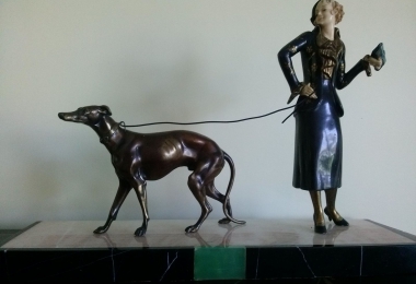 бронза, шпиатр, металл, дама с собакой бронза, бронза дама с борзой, металлическая фигура, фигура бронзовая арт-деко, дама с борзой, фигура Georges Gori